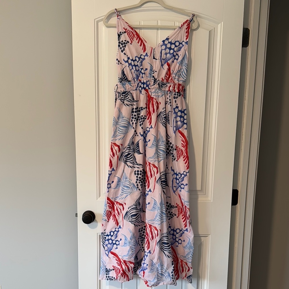 LOFT Pink Maxi Dress with Red and Blue Leaf Print